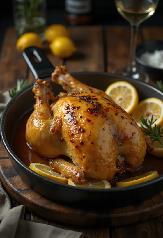 Roast guinea fowl with lemon glaze servit cu legume