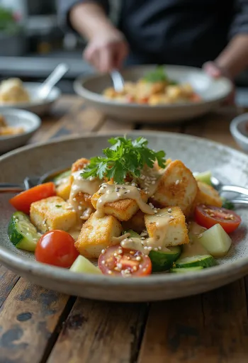 Salată de tofu cu usturoi și tahini