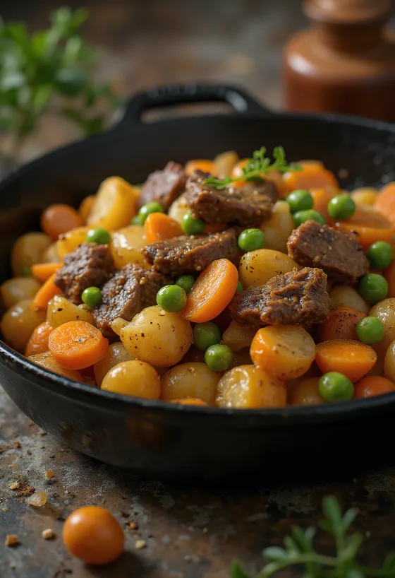 Pyttipanna cu carne de vită, servită cu pătrunjel proaspăt