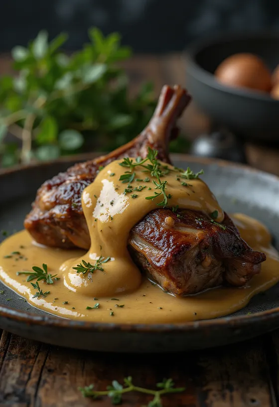 Roast hare with mustard sauce servit elegant