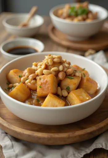 Tofu prăjit în marinadă de arahide servit