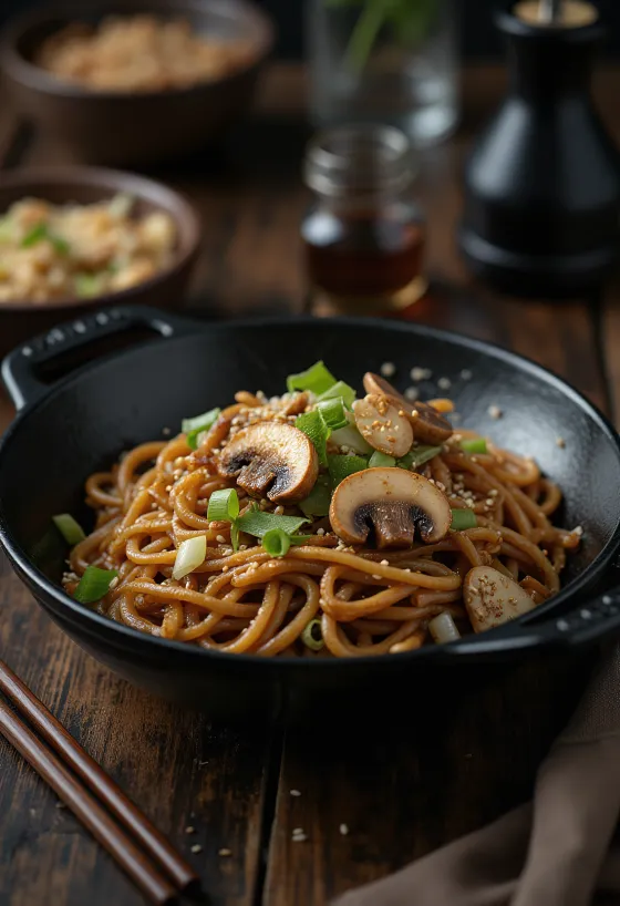 Yakisoba cu ciuperci, servit cu legume și tăiței, ornat cu semințe de susan și coriandru