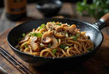 Yakisoba cu ciuperci, servit cu legume și tăiței, ornat cu semințe de susan și coriandru