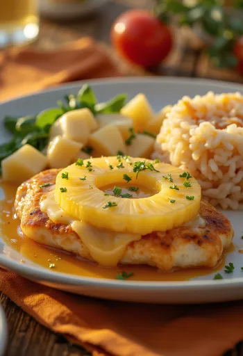 Piept de pui cu ananas servit cu sos de smântână