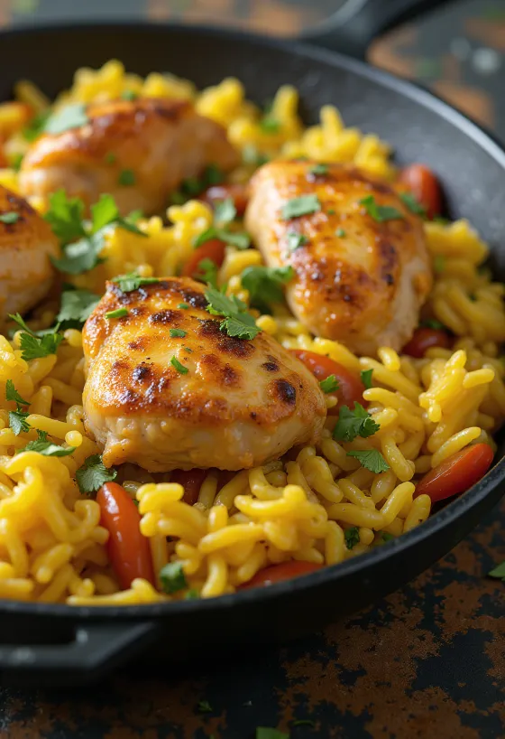 Arroz con Pollo, pui cu orez condimentat servit cu coriandru