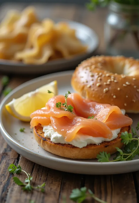 Bagel cu somon afumat, cremă de brânză și mărar