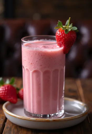 Epres smoothie într-un pahar înalt, decorat cu felii proaspete de căpșuni