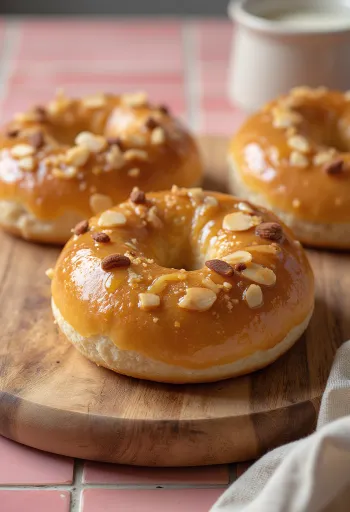 Bagel proaspăt copt cu scorțișoară, miere și migdale