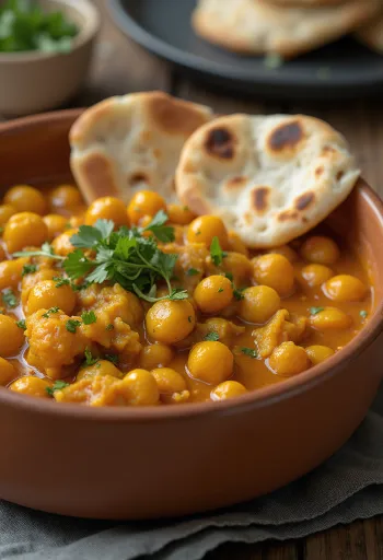 Curry de năut condimentat servit cu orez și coriandru