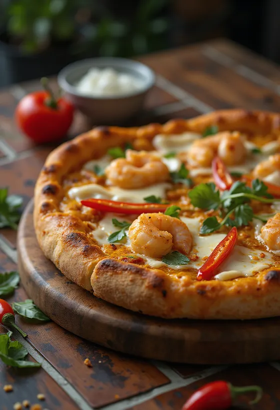 Pizza Laksa cu condimente malaeziene și creveți