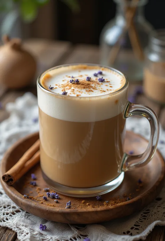 Chai latte cu lavandă în pahar, decorat cu scorțișoară și lavandă