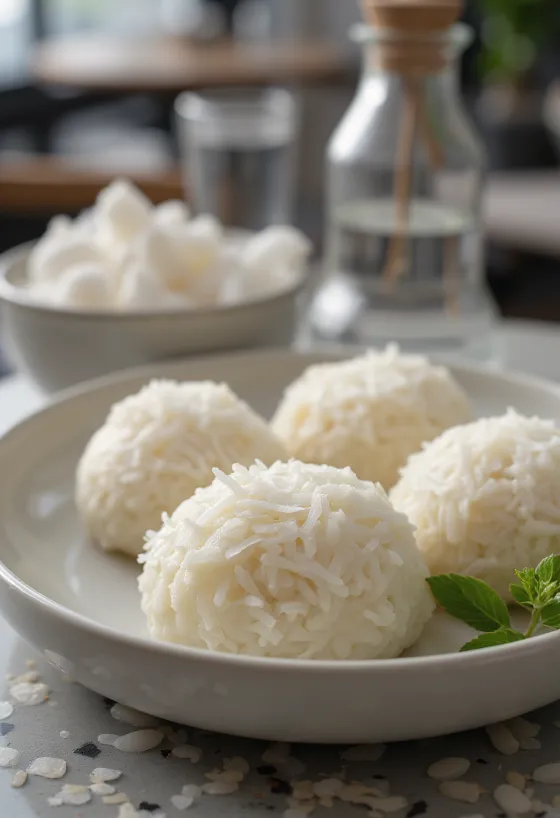 Biluțe Mochi umplute cu cremă de cocos, acoperite cu fulgi de cocos