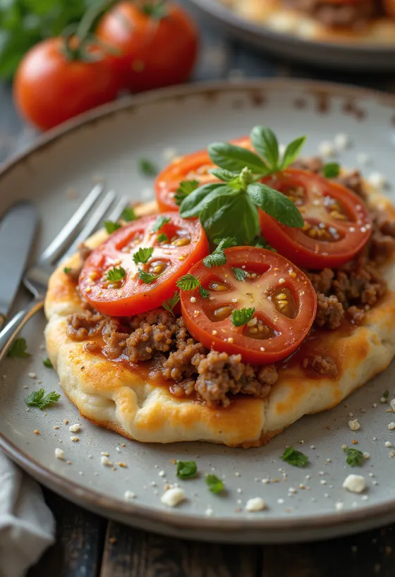 Pide cu roșii, servit cu aluat proaspăt și umplutură de carne condimentată