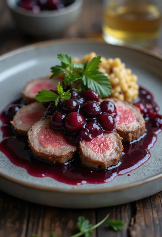 Roast ostrich with berry sauce servit pe o farfurie cu garnitură