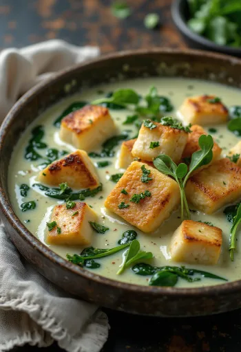 Tofu prăjit în sos de spanac servit