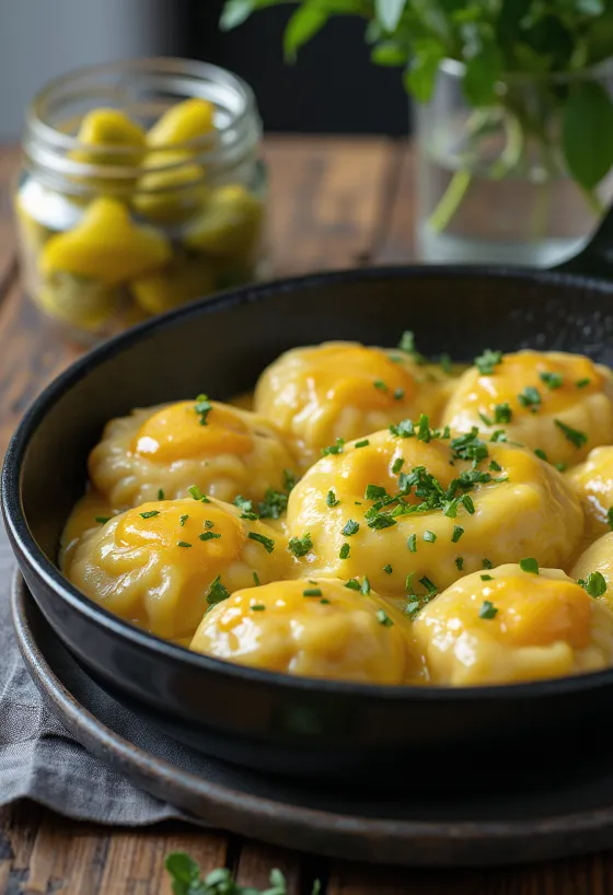 Găluște cu ou presărate cu pătrunjel proaspăt, servite cu murături de casă.