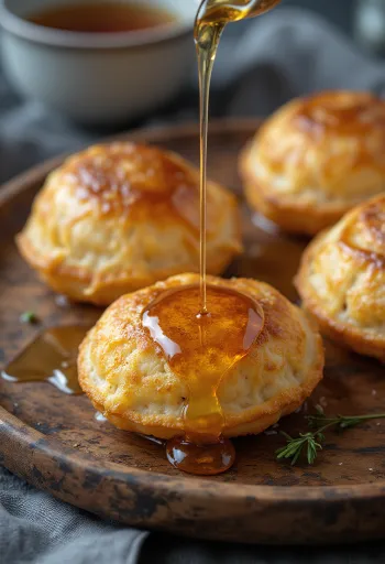 Æbleskiver îndulcite cu miere, gogoși proaspete și pufoase servite