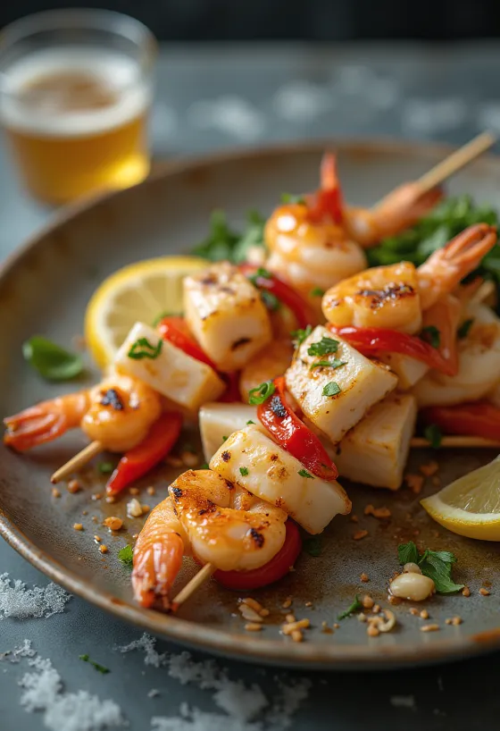 Anticucho de mariscos mâncare de mare pe frigărui, servit cu coriandru și lămâie