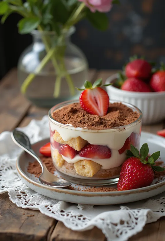 Epres tiramisu cu pișcoturi stratificate și cremă de mascarpone, decorat cu căpșuni proaspete