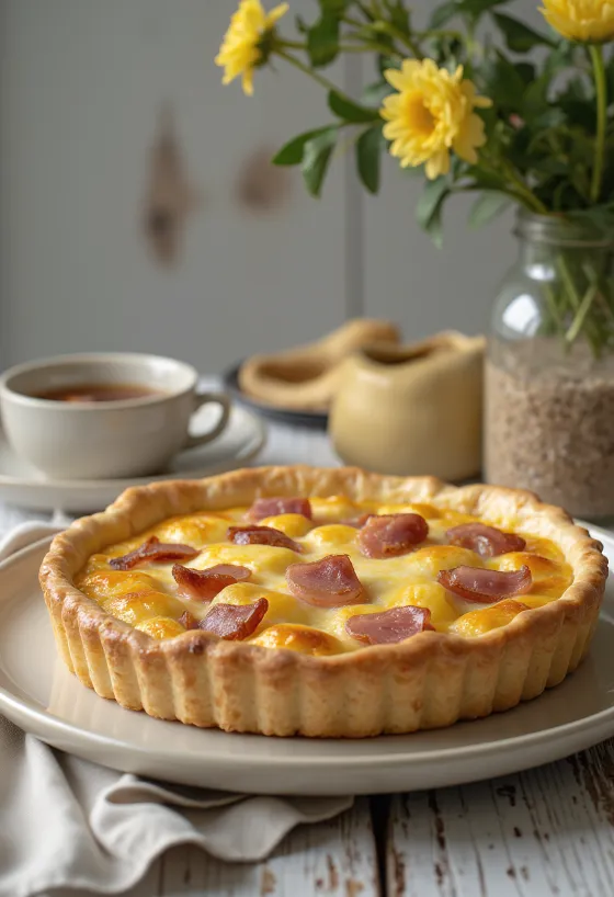 Quiche cu cașcaval afumat și șuncă feliat în prezentare rustică
