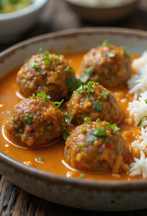 Lamb Kofta Curry servit cu coriandru proaspăt