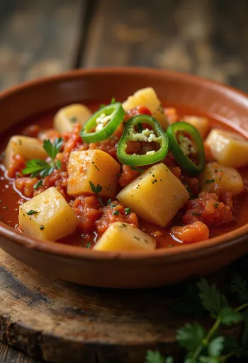 Marmitako de atún, servit într-un bol, cu ton proaspăt și legume