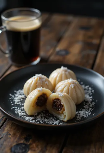 Mochi cu cremă de cafea, făină de orez și sos de cremă de cafea