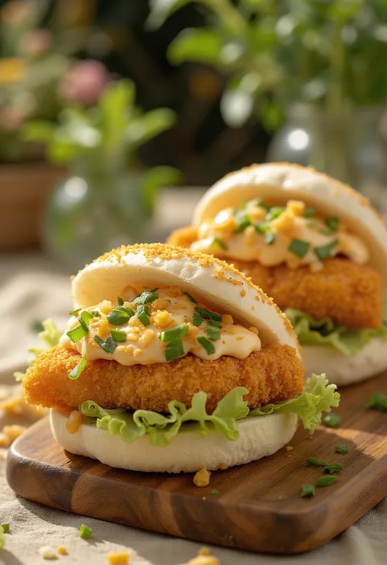 Bao bun cu pește crocant în pesmet Panko servit
