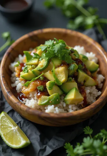 Poké cu sos de soia, legume proaspete pe pat de orez, decorat cu coriandru și suc de lime.