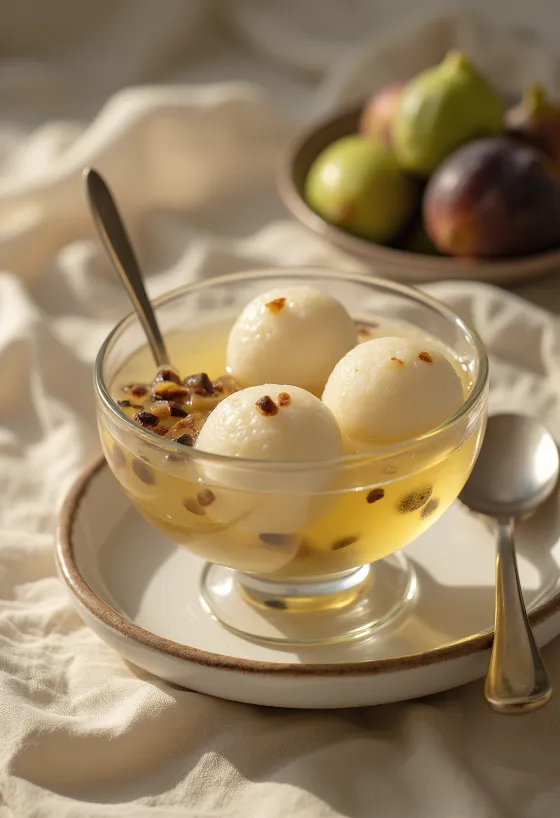 Rasgulla cu smochine, chifteluțe de brânză de vaci plutind în sirop de smochine