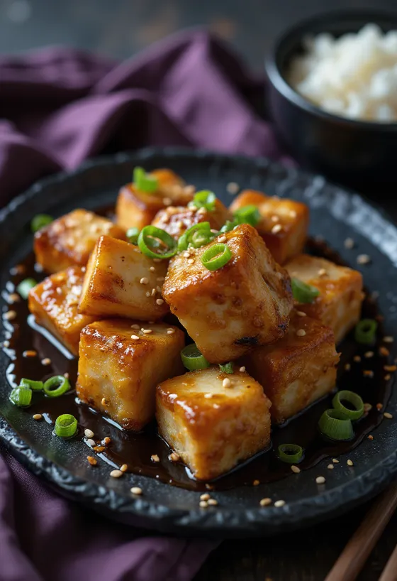 Tofu prăjit în marinadă de soia servit