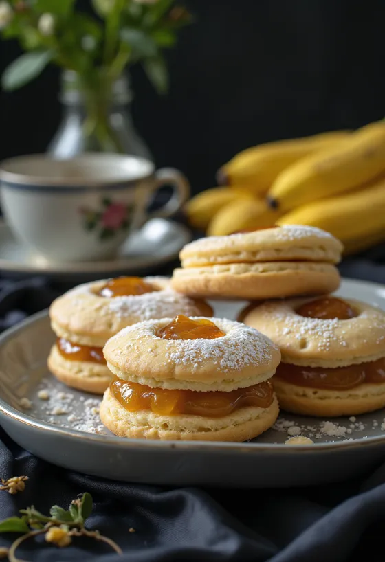 Linzer cu lămâie și banane pe platou