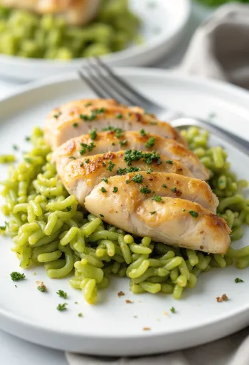 Piept de pui cu orez cu pesto servit