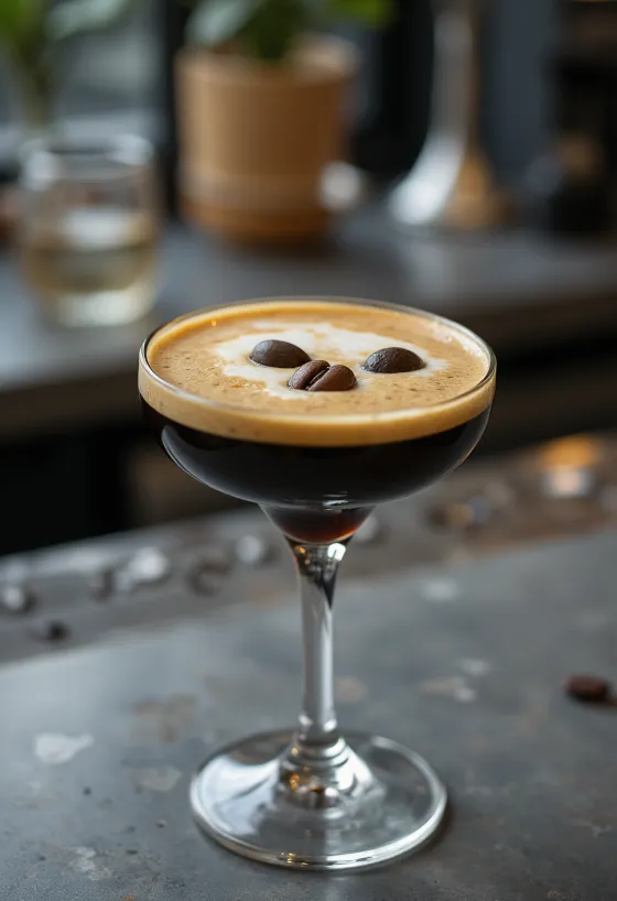 Cocktail Espresso Martini decorat cu trei boabe de cafea
