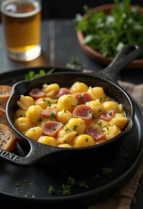 Șuncă afumată cu găluște cu ou servită