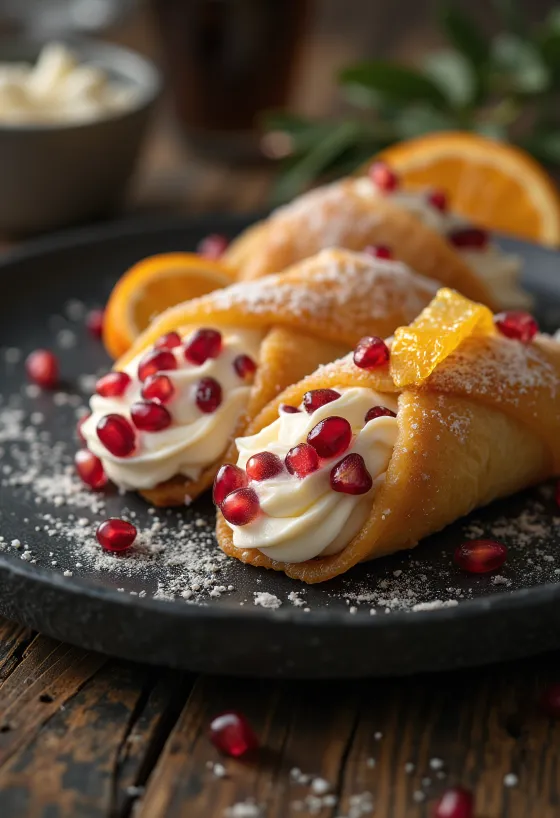 Cannoli cu rodie și marțipan servit