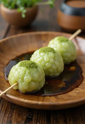 Matcha dango servit cu sirop de sos de soia