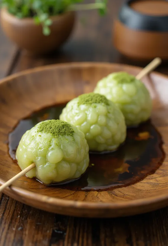 Matcha dango servit cu sirop de sos de soia