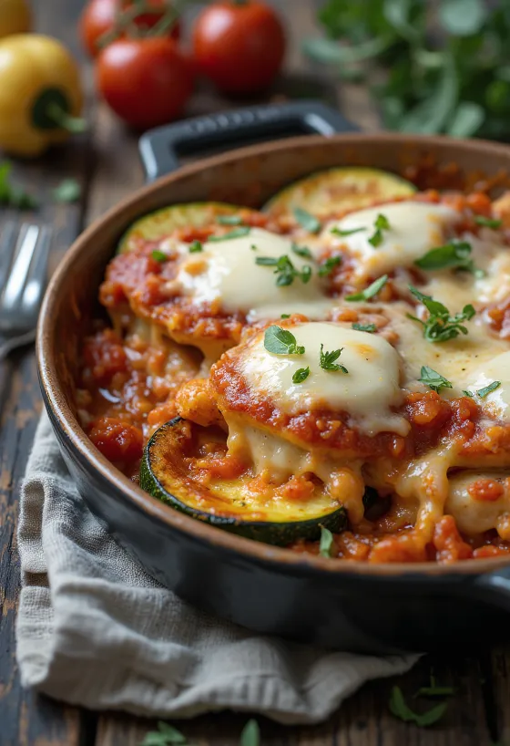 Parmigiana cu dovlecei copți, decorat cu mozzarella și busuioc
