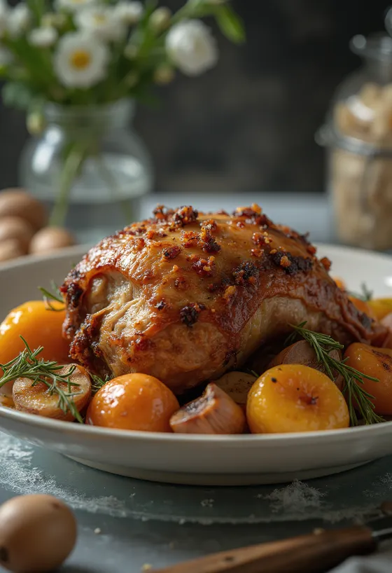 Roast porcupine with herbs servit cu legume la cuptor