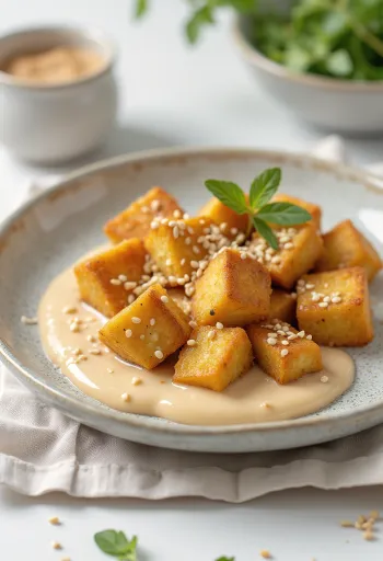 Tofu prăjit cu sos tahini servit