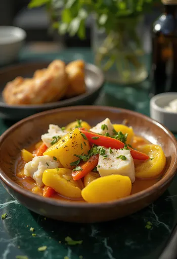 Ackee și cod sărat servit cu legume și condimente