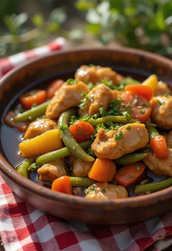 Adobo cu tocană de legume, decorat cu coriandru proaspăt