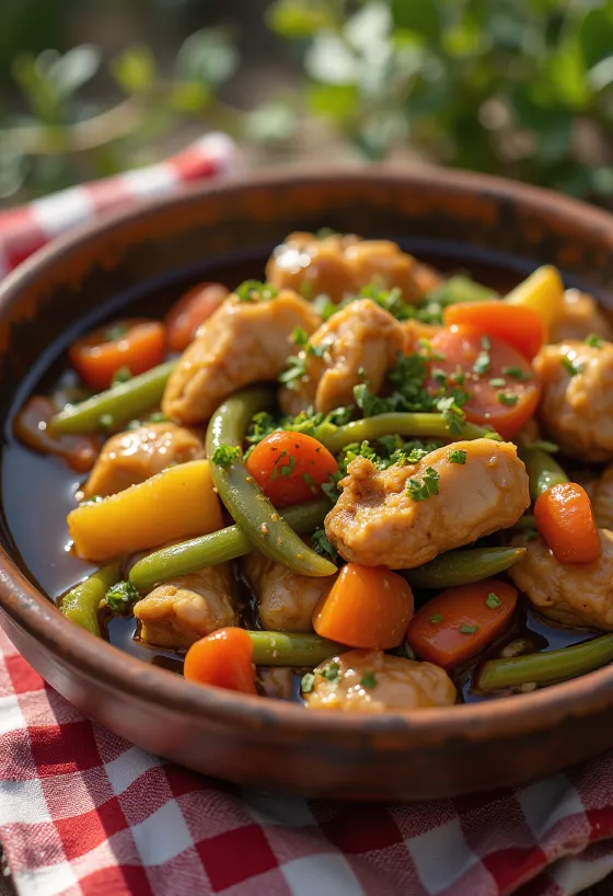 Adobo cu tocană de legume, decorat cu coriandru proaspăt