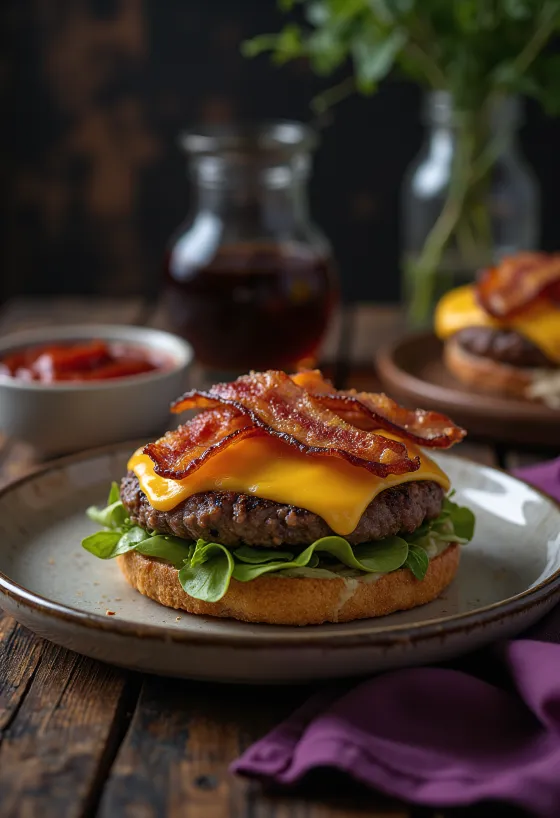 Burger cu bacon și cașcaval, bacon crocant și brânză cheddar topită