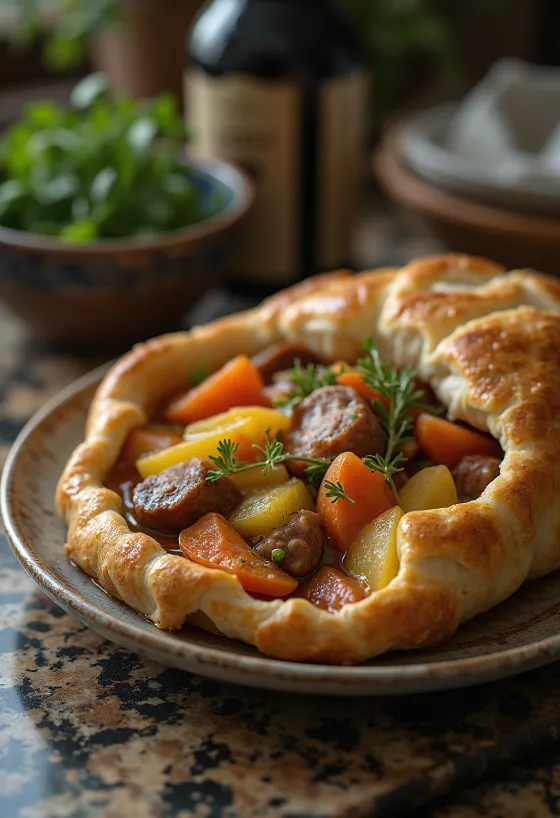 Baeckeoffe servit cu pâine proaspătă în vas ceramic