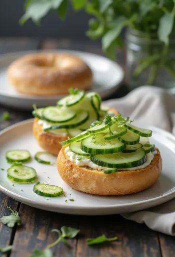 Bagel cu mărar și cremă de brânză, ornat cu castravete proaspăt