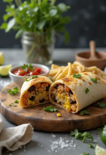 Burrito cu pui umplut cu legume proaspete, orez și brânză