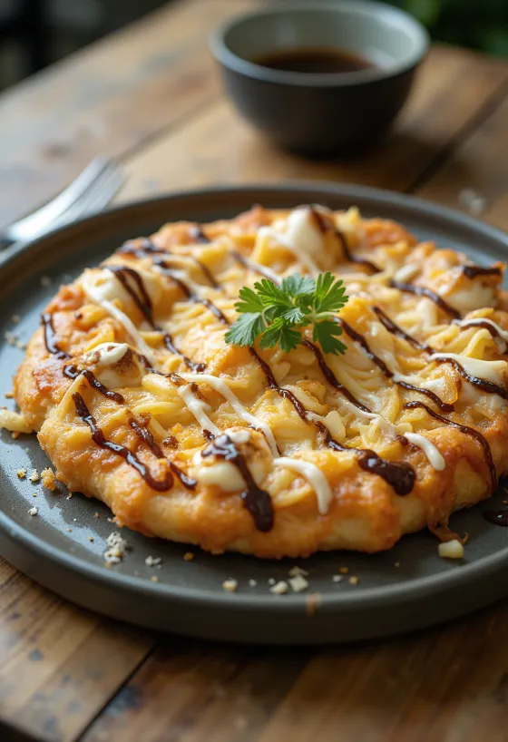Pizza Okonomiyaki cu varză și fulgi de ton