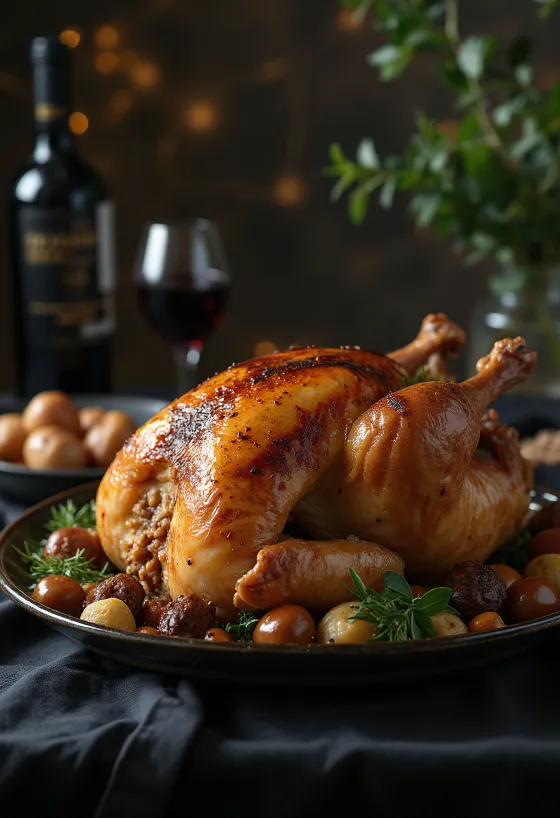 Roast turkey with chestnut stuffing servit pe un platou cu legume